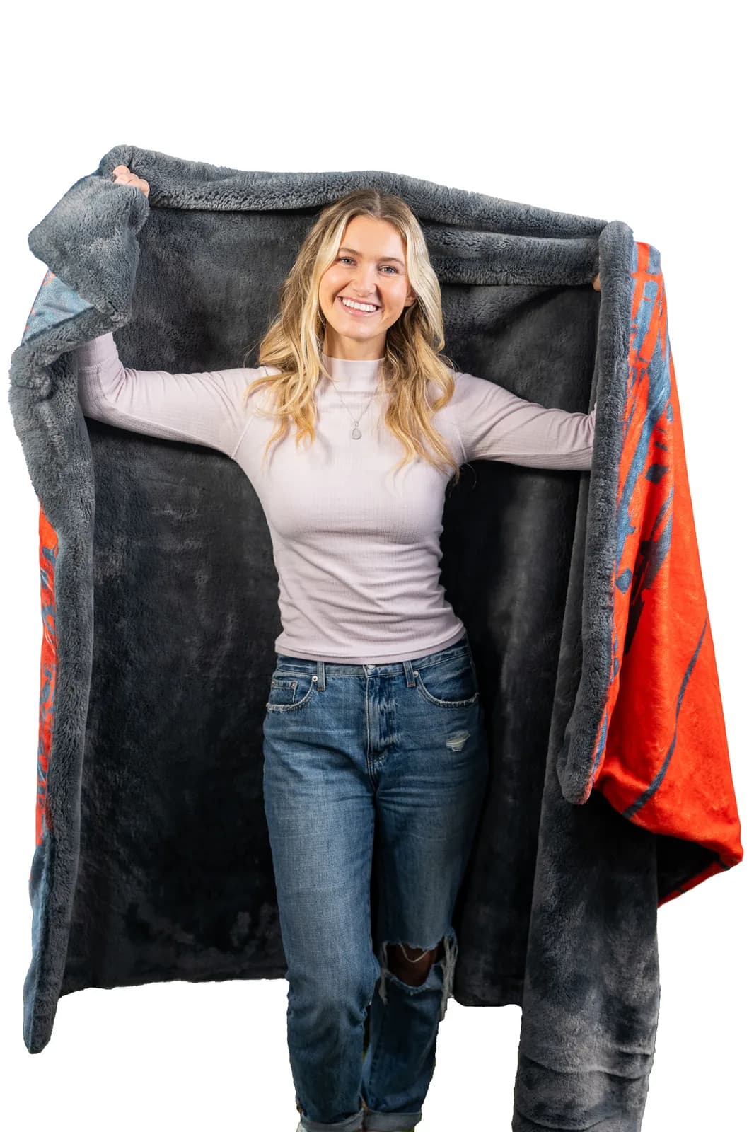 A premium Swanky NubaySoft blanket held open, showing its executive weight and finish