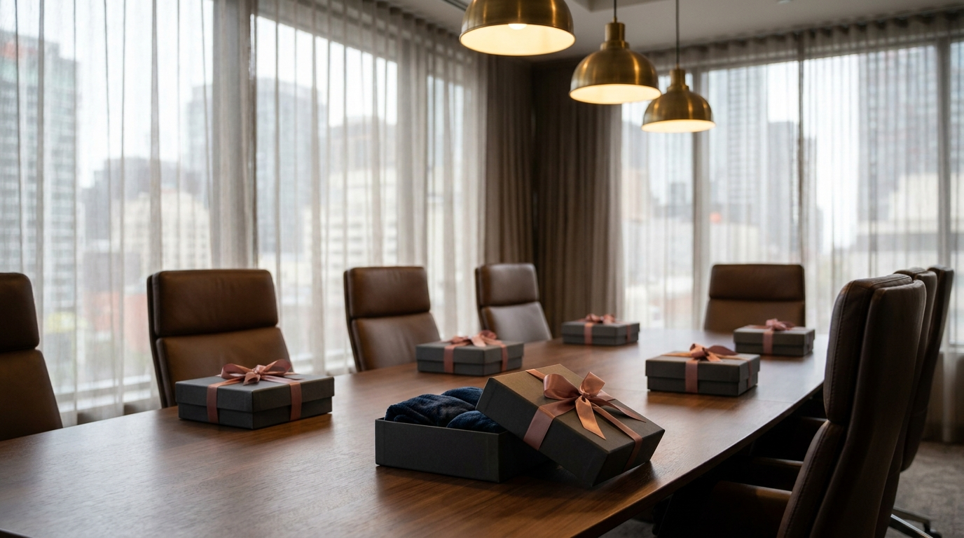 Gift-wrapped logo blanket boxes placed at each seat of a corporate boardroom table