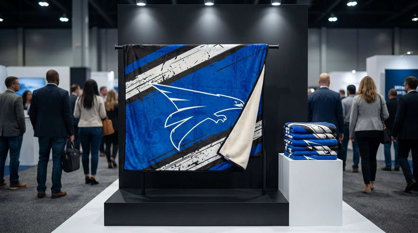 A bold blue-and-white custom logo blanket displayed at a trade-show booth as attendees walk by