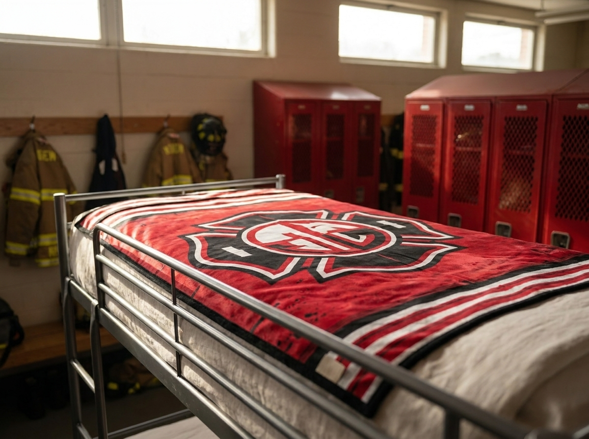 A red fire-department crest blanket spread across a bunk in a fire station, turnout gear hanging behind
