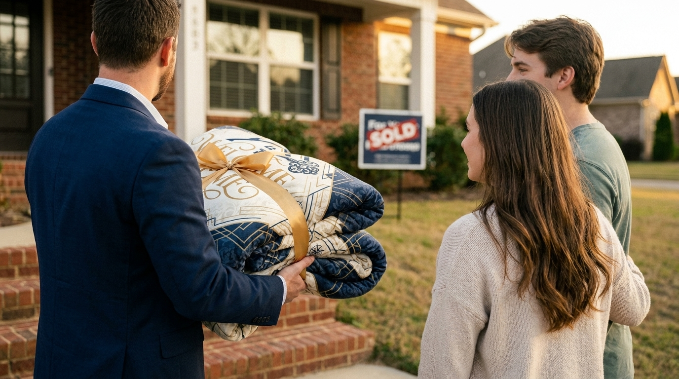 A suited agent handing a ribbon-wrapped custom logo blanket to a young couple in front of their sold home